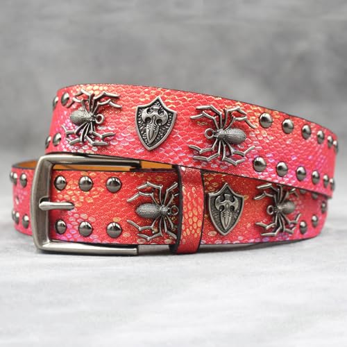 Engraved Spider Rivets Studded Belt Punk Unisex Crocodile Pattern Print Waist Strap Fashion Accessory for Unique Outfits(105cm/41, Red)4