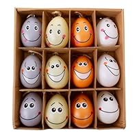 Bunte Ostereier aus Kunststoff mit Gesichtern 12 Stück, Oster Eier zum Aufhängen oder als Osterdeko, 12 Ostereier aus Plastik mit Band 6x4cm groß, Diverse Farben, ideale Beigabe zum Oster-Geschenk