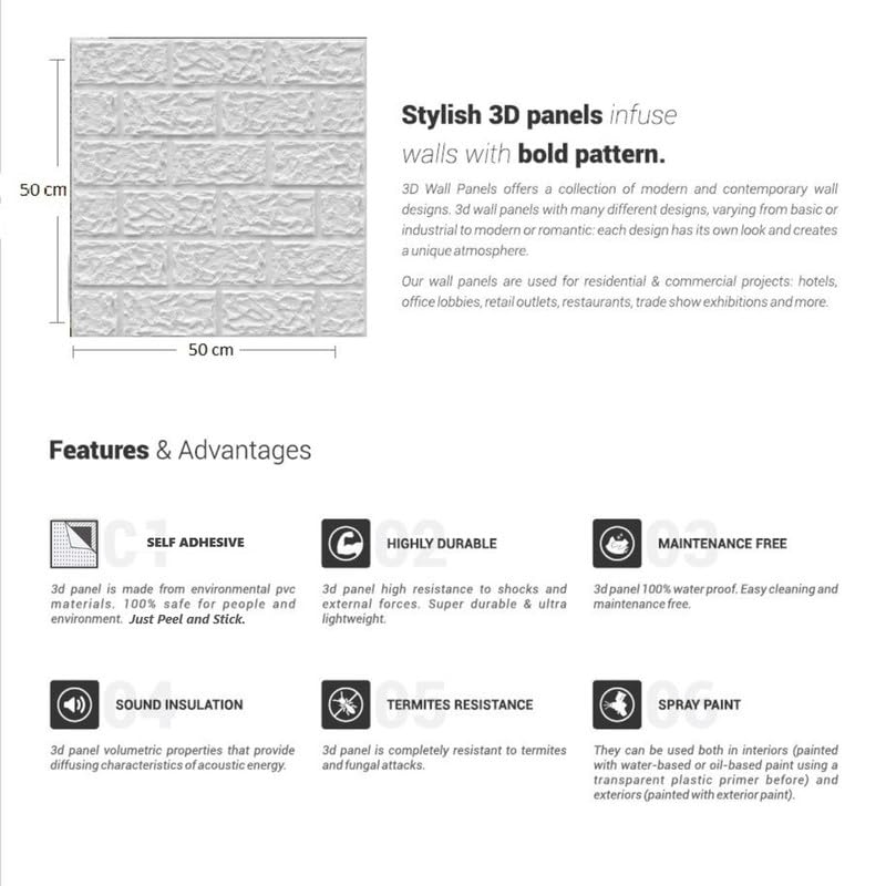 Image of 3D Wall Panels I Peel and Stick I Self Adhesive I Embossed and Paintable I 3D Tiles I 3D Bricks I Size 19.7 inch X 19.7 inch I Pack of 1 I Total Wall Covering Area 2.68 Sq.Ft. (PVC, White)