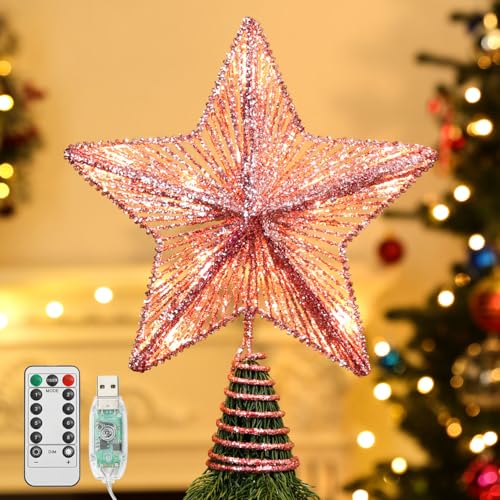 Lewondr Christmas Star Tree Topper, USB Powered Remote Controlled 6H Timer Tree Star with Lights and Sequins, Christmas Tree Topper Lighted for Home Holiday Xmas Tree Christmas Decoration, Pink