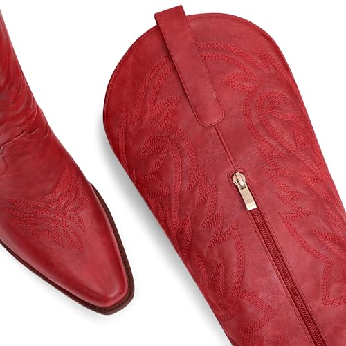 Ouepiano Cowboy Boots for Women Cowgirl Knee High Boots with Classic Embroidered Pull On & Side Zipper Pointed Toe Chunky Heel Vintage Country Western Wide Calf Botas2