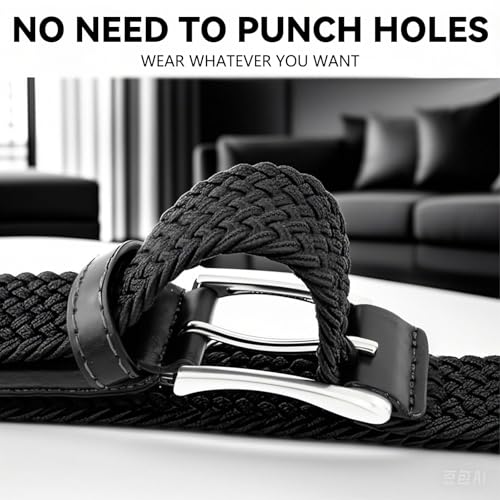 Black Stretchy Belt for Men, Men's Black Elastic Dress Braided Adjustable Casual Belt for Pants Jeans3