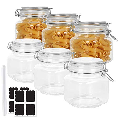16 oz Square Clear Glass Jars With Airtight Lids and Leak Proof Rubber Gasket,Wide Mouth Storage Containers, Mason Jars With Hinged Lids For Kitchen Canisters, Set of 6. Include 1 Pen and 10 Labels.