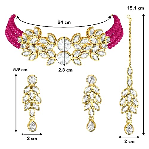Image of Peora Gold Plated Bridal Crystal Pearl Choker Necklace with Drop Earrings Traditional Jewellery Set for Women