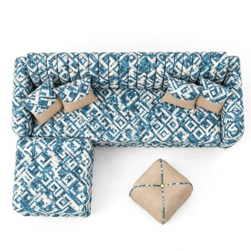 Image of CASASTYLE Signature Velour 4-Seater L-Shape Sofa Set with Movable Ottoman & Suri Pouf | Flexible LHS /RHS Layout | Tapestry Fabric | 40D Foam + Zigzag Spring | 3-Yr Warranty (Lagoon Mosaic Blue)