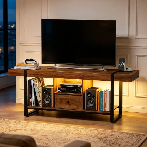 BACEKOLL Armario de TV de 150 cm con iluminación LED, Moderno Mueble bajo con cajón, Mesa XXL para televisores de hasta 75/80 Pulgadas, Armario para televisión para salón, gestión de Cables, 150 x 40