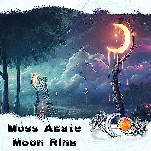 Vintage Opal Moon Ring for Women - 925 Sterling Silver Leaf Moon Rings Earth Ring Moss Agate Promise Ring Engagement Wedding Jewelry Wrap around Rings Adjusting3