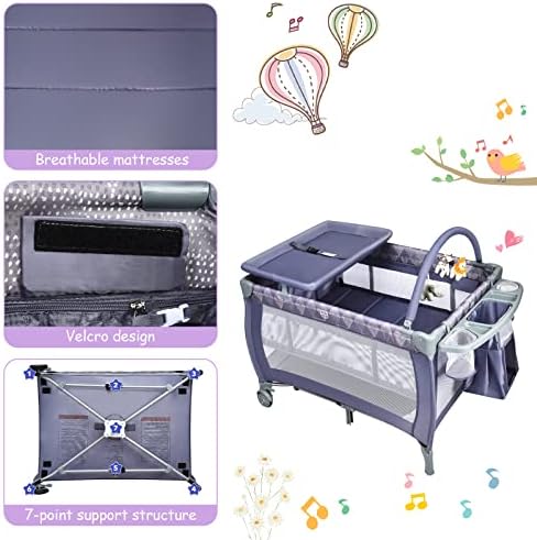 Maxmass 3-in-1 Baby Travel Cot, Foldable Infant Crib with Changing Table, Storage Shelves, Carry Bag and 3 Hanging Toys, Bedside Bassinet for Newborn Toddlers (Grey)