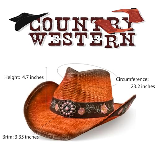 Image of Cowboy Hats for Women, Brown Cowgirl Hats Classic Straw Western Hats for Women Music Festival Party Beach.