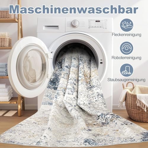 DMOYEST Wohnzimmer Teppich Modern Waschbar Kurzflor Anti-Rutsch Rückseite Weich, Farbe: Beige Blau, Größe:160x230 cm Teppiche für Schlafzimmer Esszimmer Büro Bereich