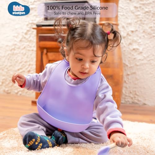 Image of Kids Station Silicone Baby Bib for Feeding & Weaning BPA Free, Soft Adjustable Neckline with Buttons, Washable & Reusable, Ideal for Babies & Toddlers 6 to 36 Months - Purple
