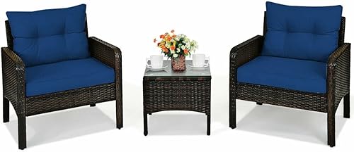 SDGH 3 PCS Outdoor Rattan Conversation Set Patio Garden Cushioned Sofa Chair Coffee Table (Color  E)