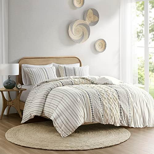 INK+IVY Imani 100% Cotton Duvet Mid Century Modern Design, All Season Comforter Cover Bedding Set, Matching Shams, Full/Queen, Ivory Chenille Tufted Accent 3 Piece