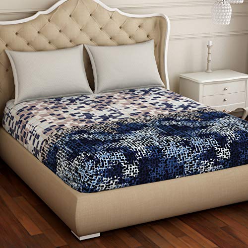 Image of Spaces Atrium Plus 210 TC 100% Cotton Queen Size Fitted Double Bedsheet with 2 Pillow Covers (Abstract, 60 inch X 78 inch Inches ) - Blue