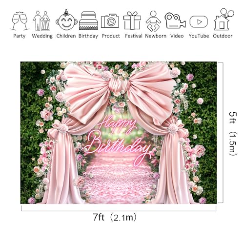 Fondo fotográfico Riyidecor 7Wx5H ft rosa con hojas y flores miniatura 3