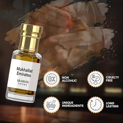 Image of Arabian Aroma Mukhallat Emirates Attar | Amber & Oudh Fragrance | Alcohol-Free, Long-Lasting | 100% Pure Ittar for Men Perfume | Chocolate Musk Attar (6ml)