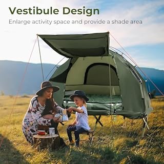 GYMAX Tent Cot, 5-in-1 Folding Camping Cot with Mattress & Pillows, Sleeping Bags, Sunshade, Camping Tent Elevated with Carrying Bag for Outdoor Hiking, Fishing, Picnic (1-Person)