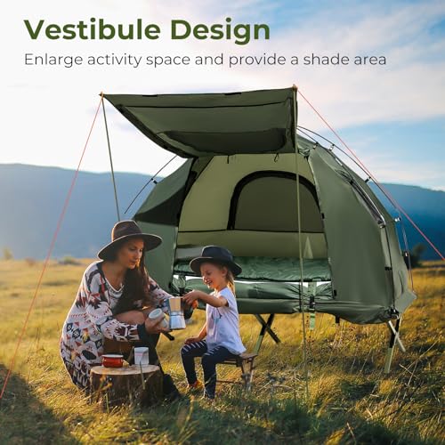 GYMAX Tent Cot, 5-in-1 Folding Camping Cot with Mattress & Pillows, Sleeping Bags, Sunshade, Camping Tent Elevated with Carrying Bag for Outdoor Hiking, Fishing, Picnic