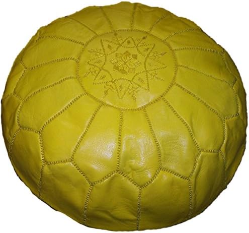 Treasures Of Morocco Moroccan Pouf Footrest Hassock Ottoman Handmade Leather Genuine 22 inches Diameter Unstuffed Yellow