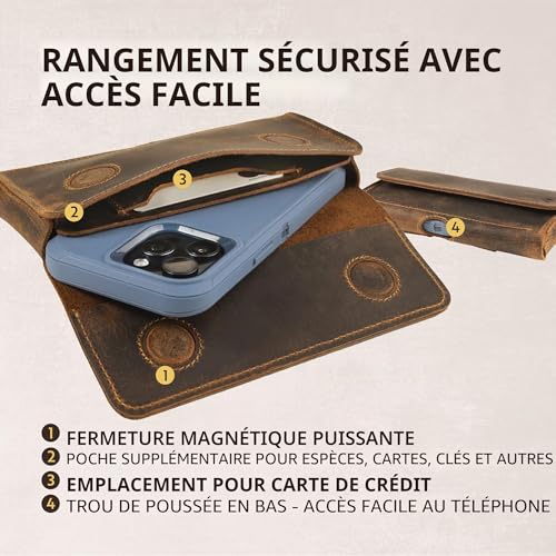 Moonster Étui de Téléphone en Cuir Véritable - Étuis de Ceinture pour Téléphones Portables - Étui de Ceinture pour Smartphone pour Homme - Étui de Ceinture Horizontal avec Fermetures Magnétiques – vue 4