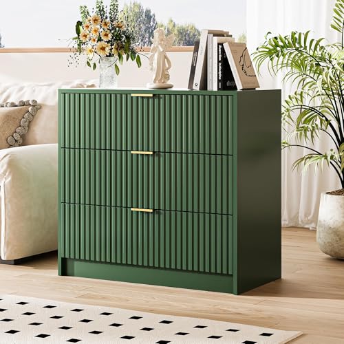 Image of MAISONARIA Green Fluted Dresser for Bedroom, 32 Inch Wide Nightstand with Large Drawer, 3 Drawer End Table for Bedroom, Living Rooms, Offices, and Entryways