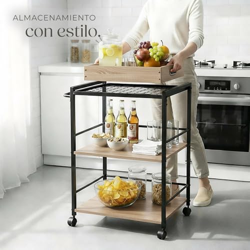 Miniatura 8 de Tectake Carrito De Cocina Con 3 Estantes, Almacenaje Y Organizador Para Baño, Hogar Y Cocina, Ruedas Giratorias Con Freno - 65 X 41,5 X 87 Cm Madera Industrial Clara, Roble Sonoma