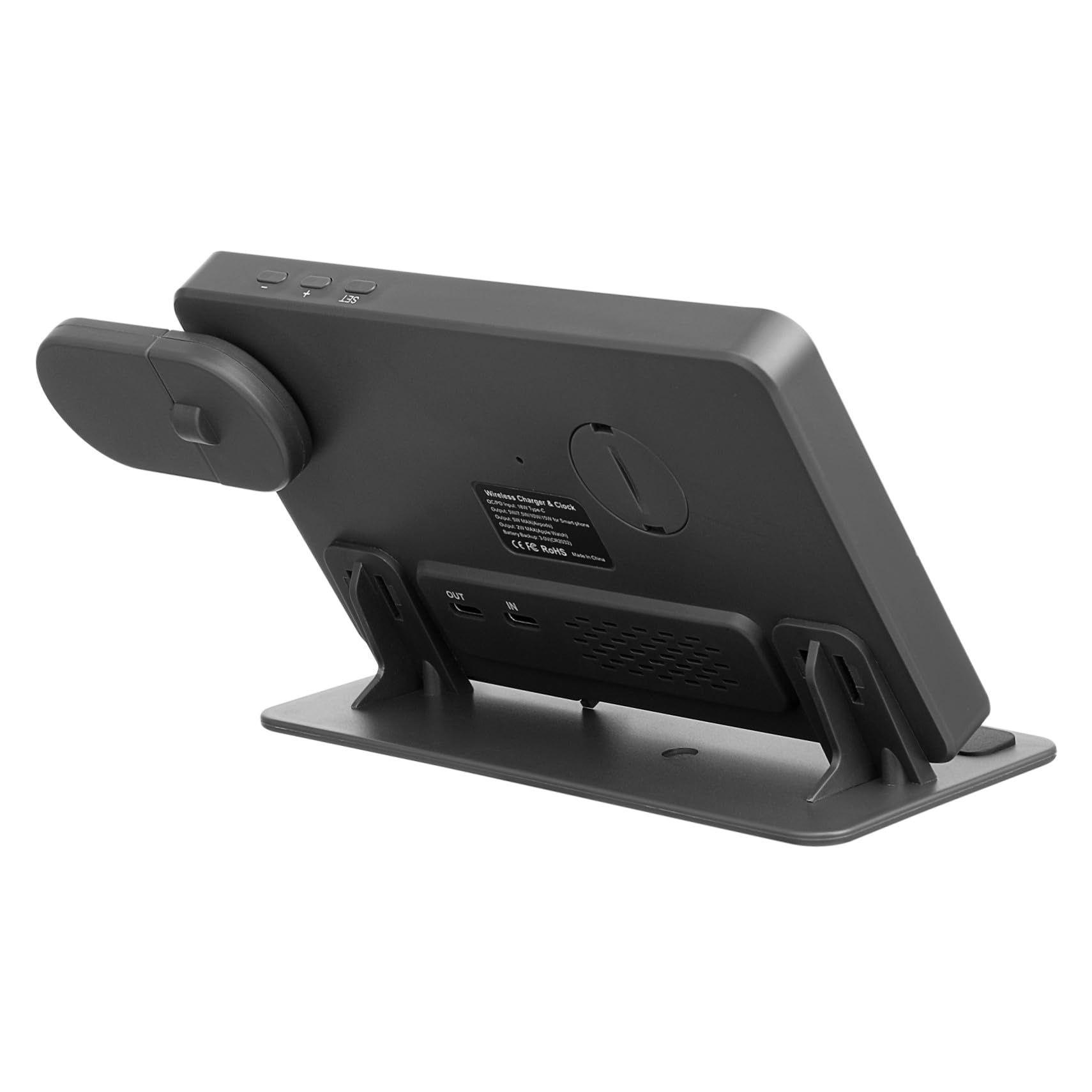 Station de Charge sans Fil Multifonctionnelle pour Téléphone et Montre Connectée, Réveil Numérique avec Affichage Température, Compatible Smartphones, Design Compact pour Bureau