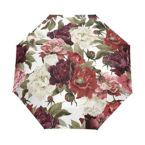 Parapluie pliable automatique à motif floral blanc et roses rouges pour le quotidien