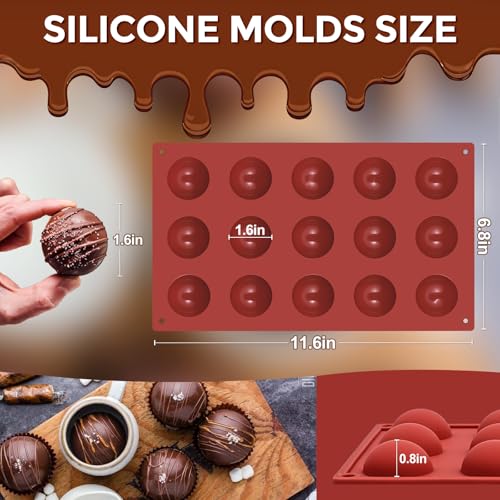 Image of Semi Sphere Silicone Molds, Sphere Chocolate Mold 15-Cavity Small Half Sphere Round Silicone Molds for Making Jelly, Cake, Chocolates Bombs 2 Pack