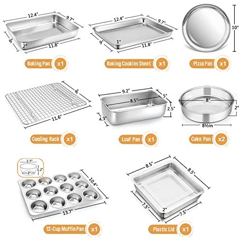 10-Piece Baking Pans Set, E-Far Stainless Steel Bakeware Set For Oven, Include Cake Pan/Baking Cookie Sheet/Pizza/Muffin/Loaf Pan, Non-Toxic & Heavy Duty, Dishwasher Safe #TOP1