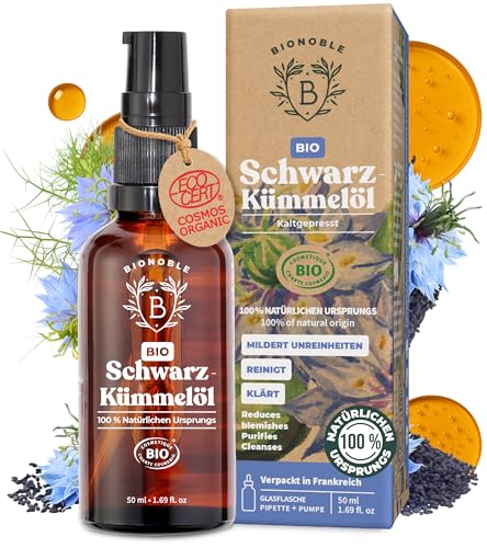 BIONOBLE Schwarzkümmelöl Bio Kaltgepresst - 100% Natürlich, Ohne Hexan - Mildert Unreinheiten - Schwarzkümmelöl Gesicht, Haare, Haut - Vegan Black Seed Oil - Glasflasche, Pipette, Pumpe - 50ml