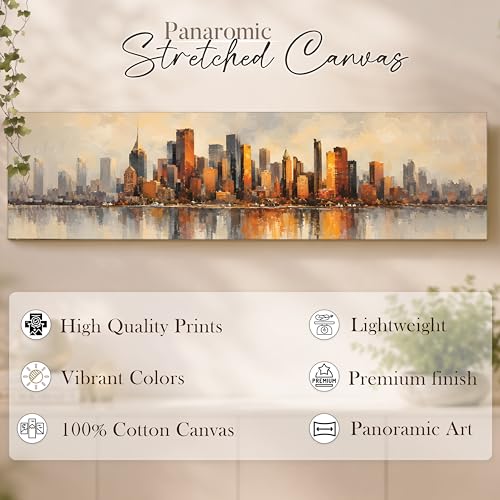 Image of Modern Urban Skyline Stretched Canvas Wall Art Painting for Living Room, Abstract Cityscape Canvas Wall Decor For Livingroom, Bedroom, Office, Hallway's, Hotel 12x46 Inch