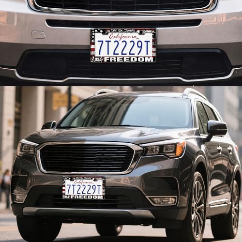 Image of American Flag License Plate Frame 2 Pack Patriotic Plate Holder | Universal Aluminum Car License Plate Cover with Screws for Women Men