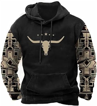 HOTYD Mens Cowboy Sweatshirt Vintage Tribal Aztec Printed Plus Size Western Hoodies for Men Long Sleeve Pullover Hooded