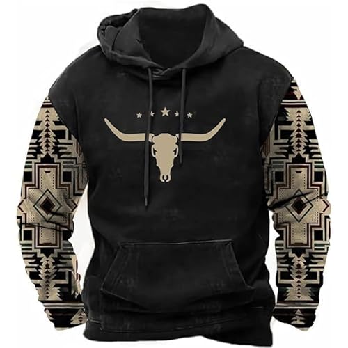 HOTYD Mens Cowboy Sweatshirt Vintage Tribal Aztec Printed Plus Size Western Hoodies for Men Long Sleeve Pullover Hooded