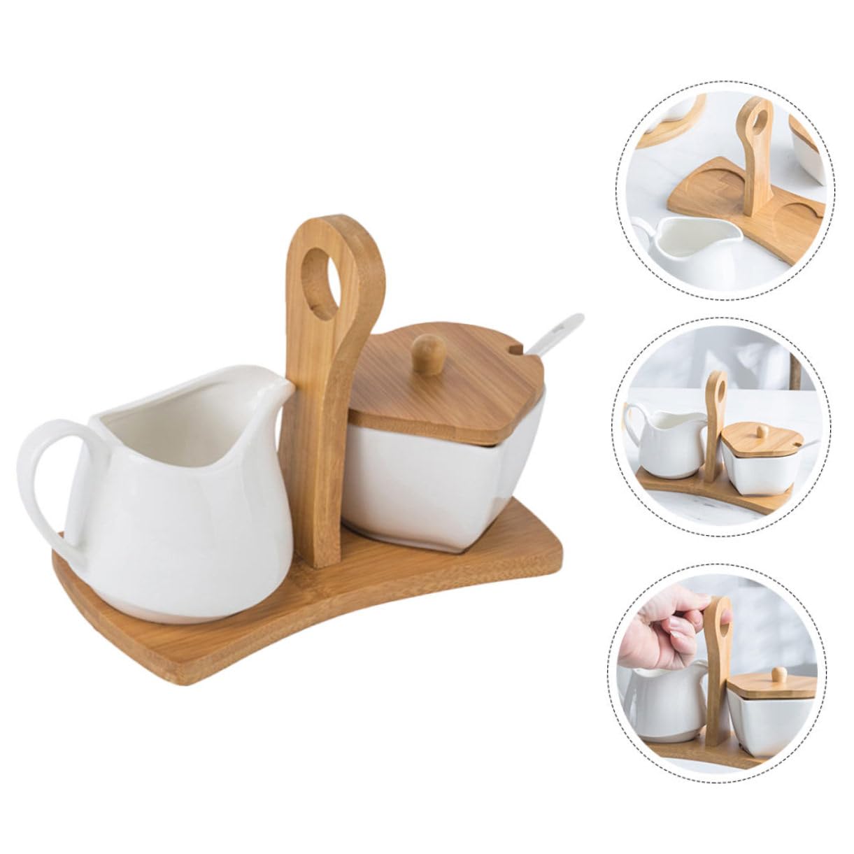 GLEAVI Azucarero de Cerámica Blanco con Tapa y Cuchara, 1 Juego | Bandeja Incluida, Mango de Madera, Apto para Microondas y Frigorífico, Diseño Elegante