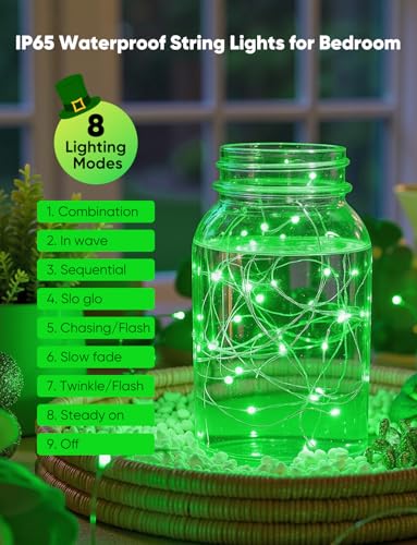 Image of Minetom 12 Pack Green Christmas Lights, St Patricks Day Lights, 7ft 20 LED Fairy Lights Battery Operated String Lights, St Patricks Day Decorations, 8 Modes Waterproof Silver Wire Twinkle Lights
