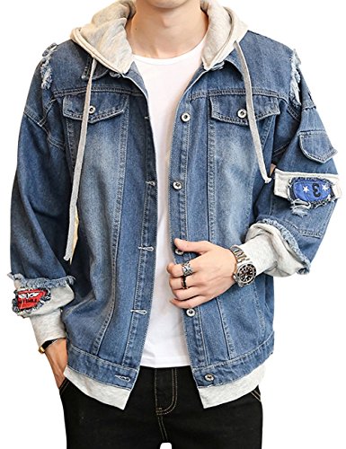 Men's Denim Hooded Jacket Button Down Classy Hoodies Casual Fake Two Pieces Jeans Coats Outwear
