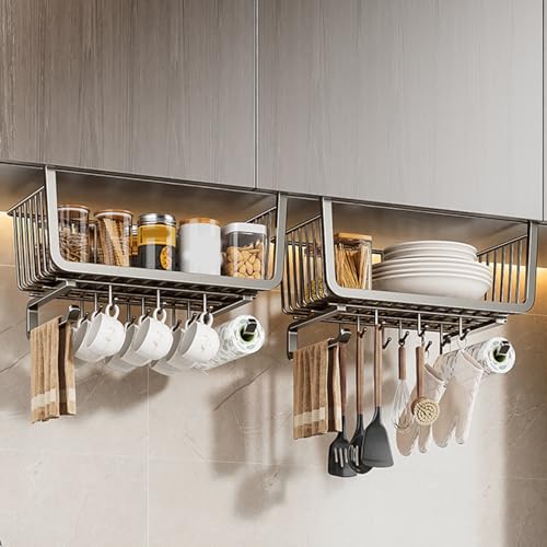 Cesto portaoggetti da appendere sotto la mensola, con ganci, salvaspazio, per armadietti da cucina e credenze