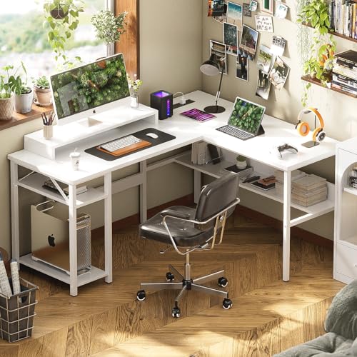 Unikito Reversible L Shaped Computer Desk with Power Outlets and Monitor Stand, Sturdy Corner Desk with RGB LED Light and Storage Shelves, Modern Work Desk for Home Office, Easy to Assemble, White - Thumbnail 2