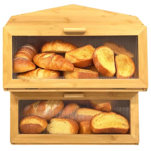 SRRUI Double Corner Bread Box Storage for Kitchen Countertop. Extra Large Bamboo Bread Boxes. Double Layer Bread Bin for Kitchen Countertop Cabinet.