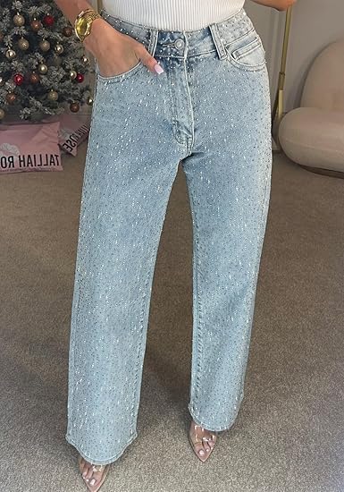 Sparkly Jeans for Women Rhinestones Y2K High Waisted Baggy Straight Wide Leg Loose Fit Bling Glitter Boyfried Denim Pants - Image 3
