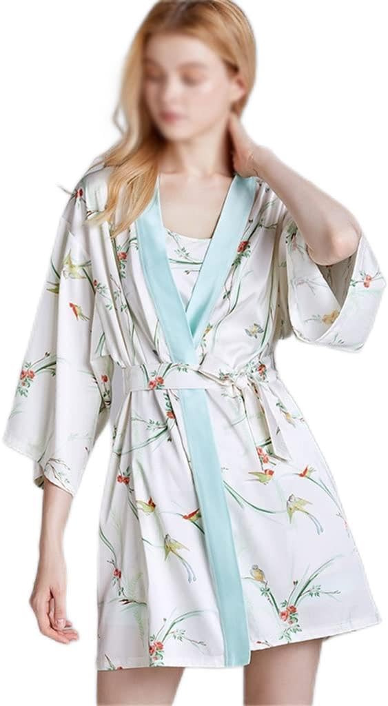 3 Piece Silk Pajama Set Women Sleepwear Short Sleeve Shorts Robe Sets Pijamas Lounge Wear Nightwear Lingerie,Multi-Colored-Large
