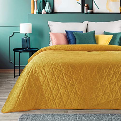 Eurofirany Colcha reversible LUIZ,3 de terciopelo y satén, suave manta de sofá, acolchado a cuadros, funda para sillón, color amarillo, 170 x 210 cm