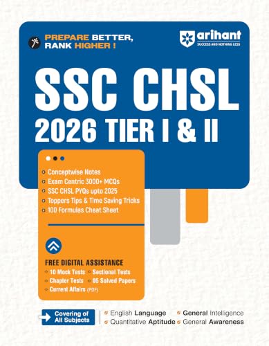 Image of Arihant SSC CHSL (Tier I & II) 2026 | Complete Study Guide with Conceptwise Notes, 3000+ Exam-Centric MCQs, PYQs up to 2025, Time-Saving Tricks & 100 Formula Cheat Sheet | Free Online Tests