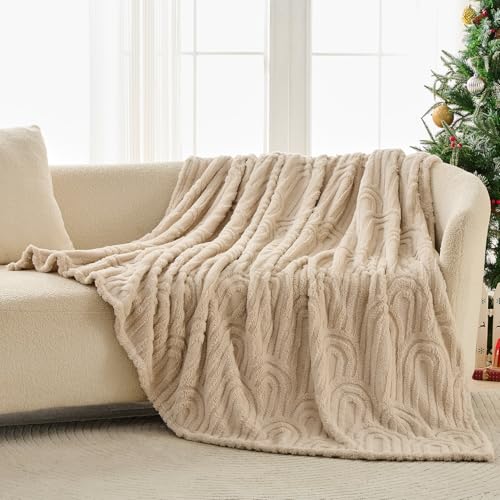 Wajade Fleece Throw Blanket, Fluffy Faux Fur Blanket for Bed Sofa Couch, Soft Warm Thick Blanket, Linen 178x203