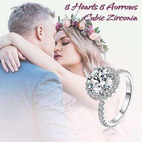 Jiangyue 3 Carat Round Cz Big Stone Solitaire White Gold Plated Engagement Wedding Rings For Love For Women, Halo Style Shining Classical Ladies Mother's Day Gift Jewelry With Best Gifts Size 8 #TOP1