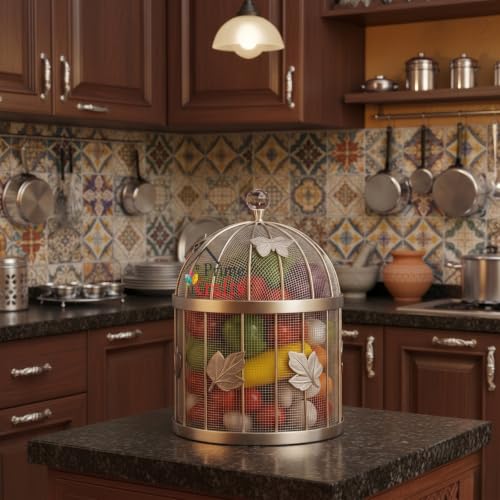 Image of Insect-Resistant Fruit and Vegetables Basket with Lid | Decorative Mesh (Jaali) Fruits and Vegetables Holder for Home and Kitchen - Silver