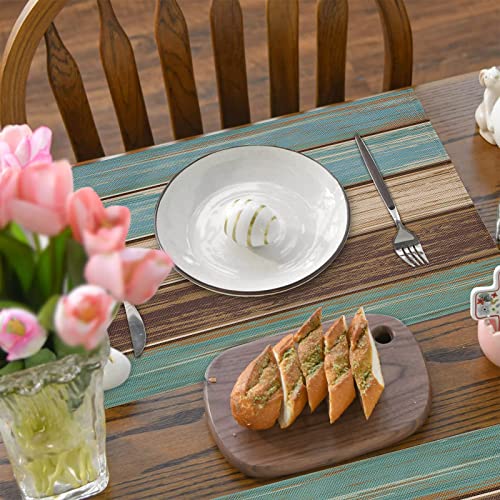 Placemats Set Of 4, Teal Brown Retro Wood Stripes Non Slip Heat Resistant Thick Linen Fabric Cloth Place Mats, Square Washable Holiday Party Dining Table Mat For Rustic Farmhouse Home Kitchen Decor #TOP3