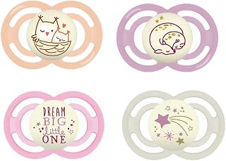 Kit Chupetas Mam Perfect Night 6+ Meses Brilha Escuro Tamanho 2 Bico Silicone Embalagem Com 4 (Rosa Coruja - Rosa Estrela)
